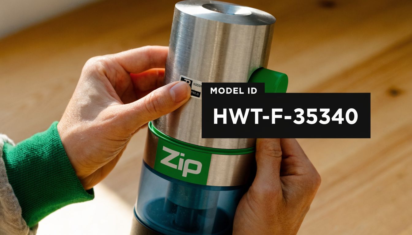 A close-up of a person holding a Zip water filter component labeled with model ID HWT-F-35340.
