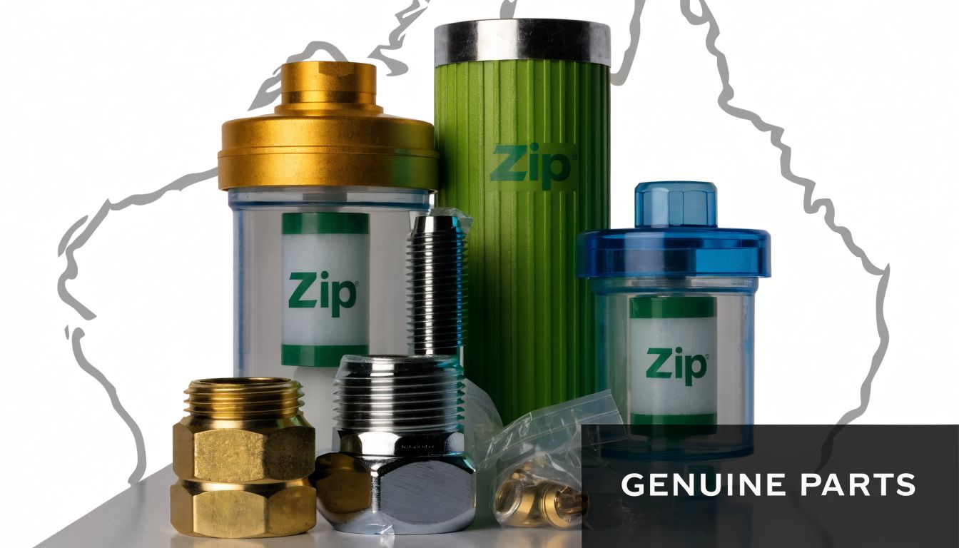 A collection of genuine Zip brand water filtration spare parts including cartridges, housing, and brass fittings.