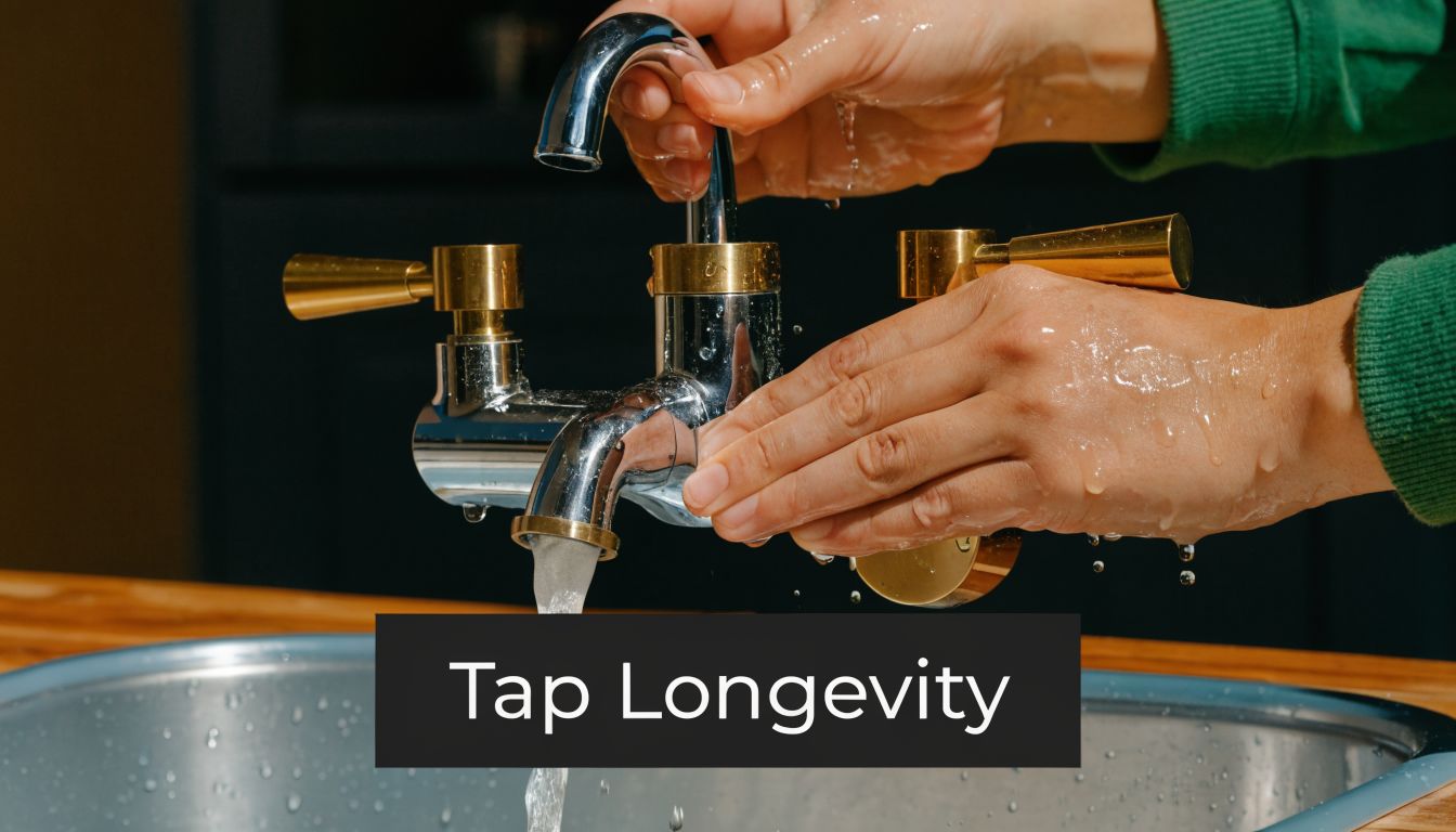 A close-up view of hands washing under a stylish three-way kitchen sink mixer tap over a steel sink.