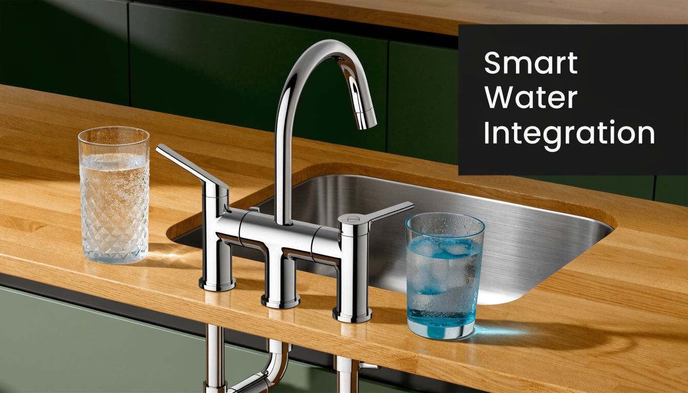 A modern chrome 3-way kitchen sink mixer tap mounted on a wooden countertop next to two water glasses.