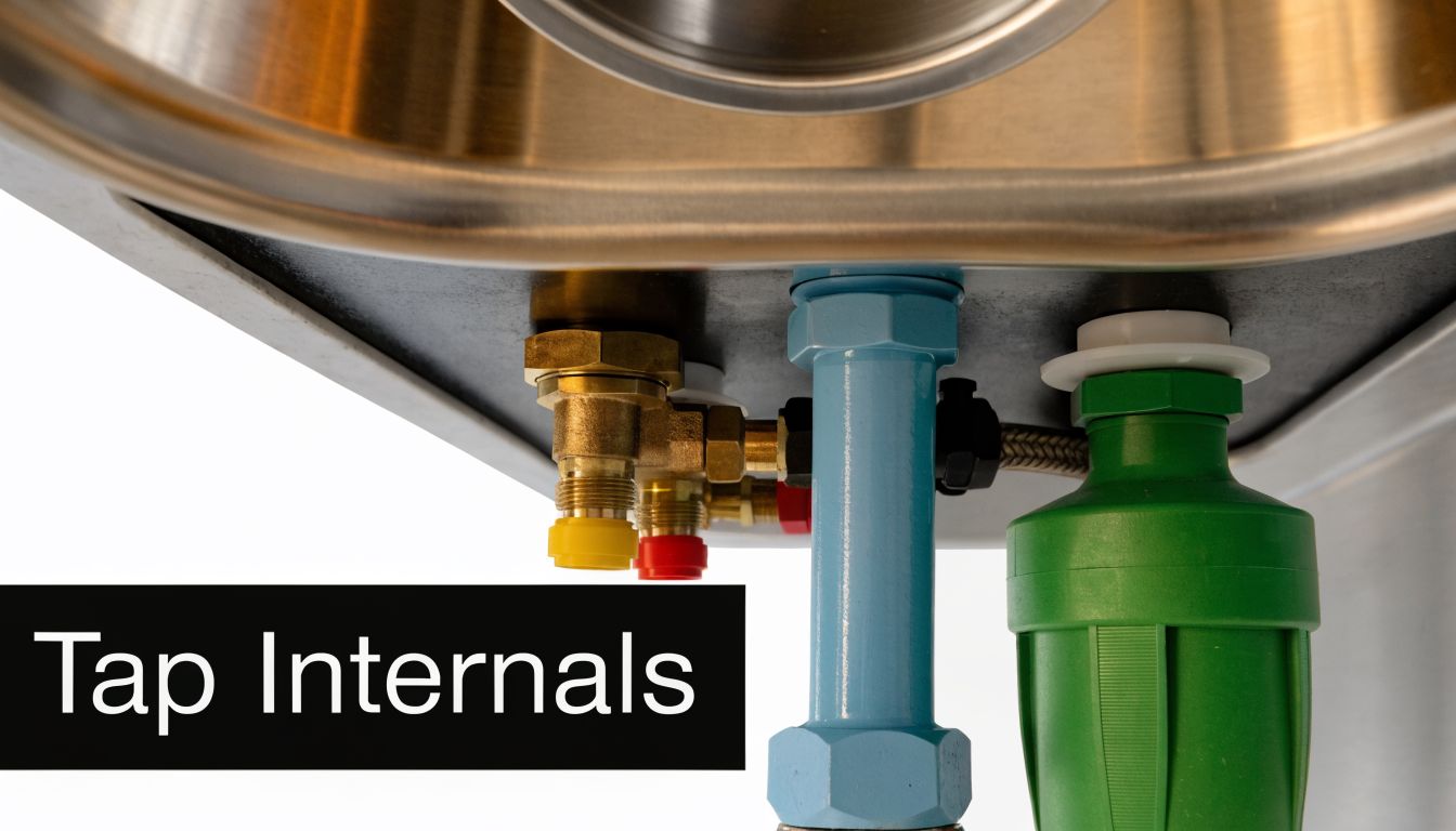 A close-up view showing the underside plumbing connections and internal components of a 3-way kitchen mixer tap.