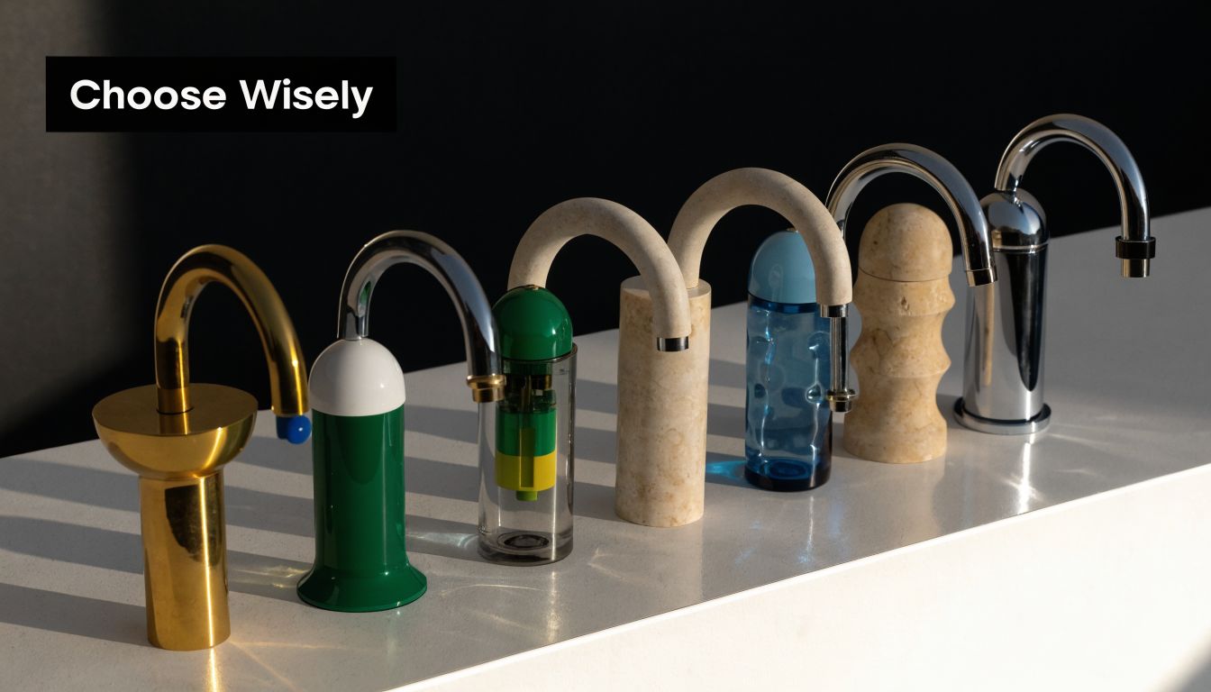 A row of various modern kitchen faucets displayed on a white surface with the words Choose Wisely.