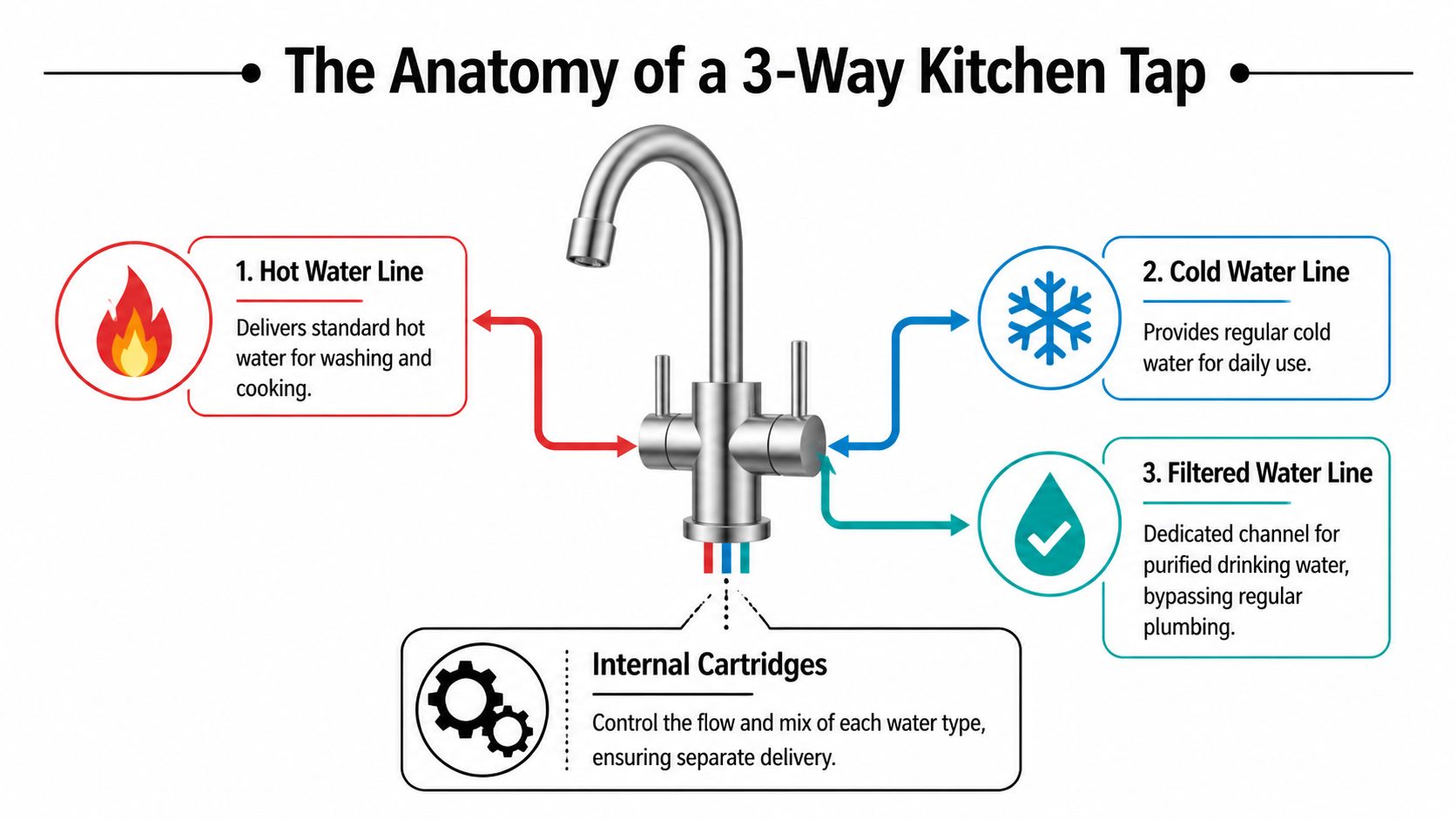 A diagram explaining the components and water lines of a three-way kitchen mixer tap.