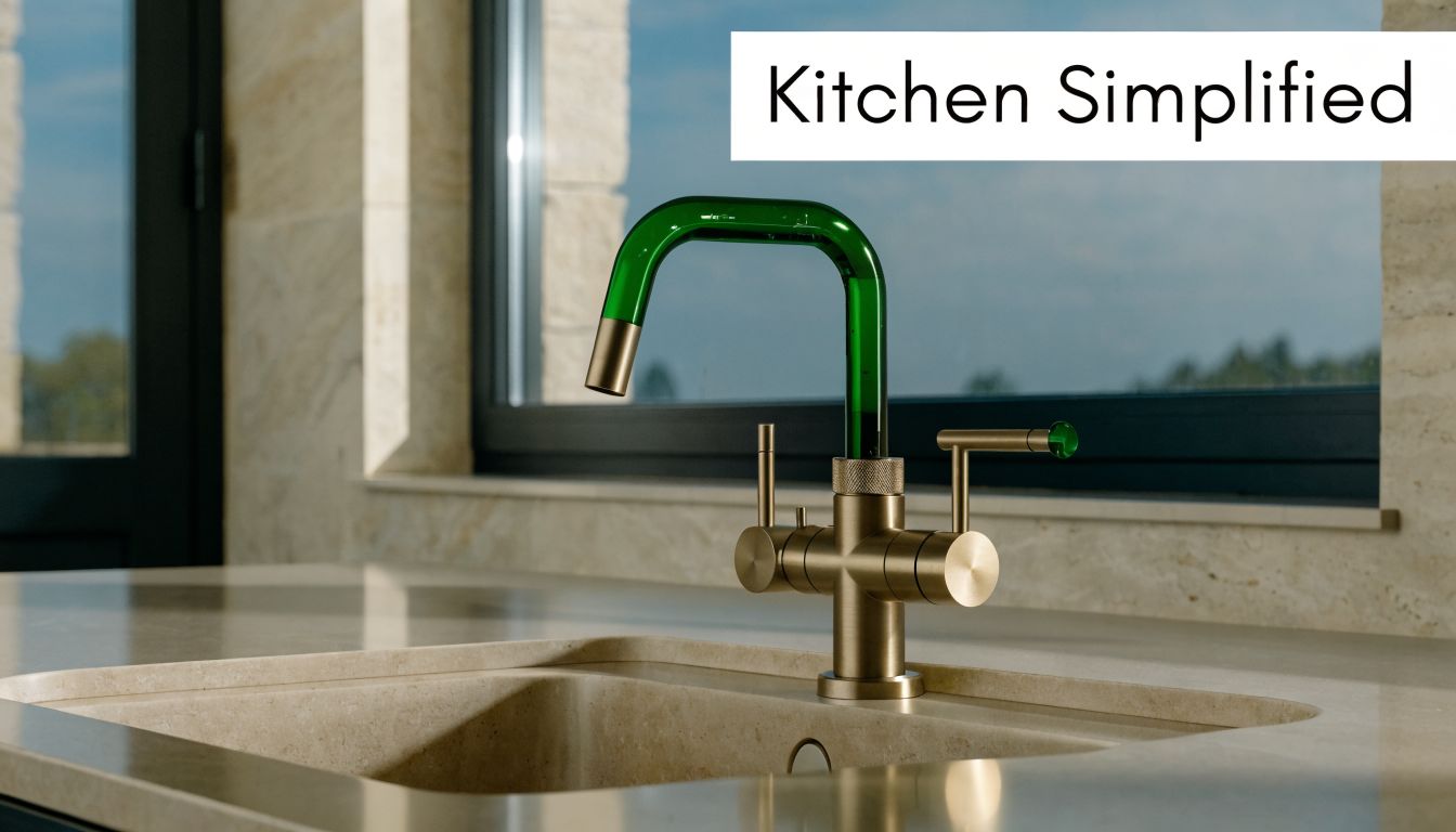 A luxurious kitchen mixer tap with a translucent green spout and brushed gold metal finish by a window.