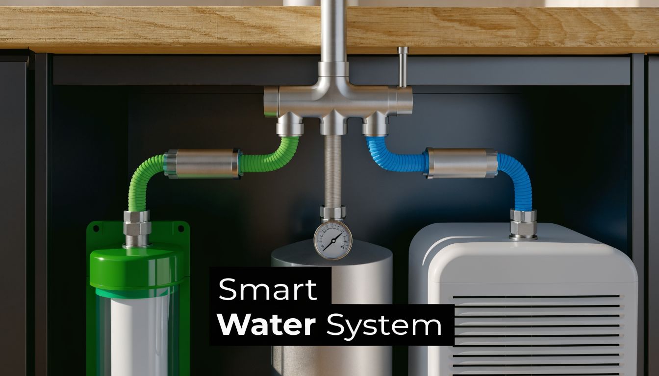 A diagram showing the under-sink installation of a smart kitchen faucet with integrated water filtration and heating.