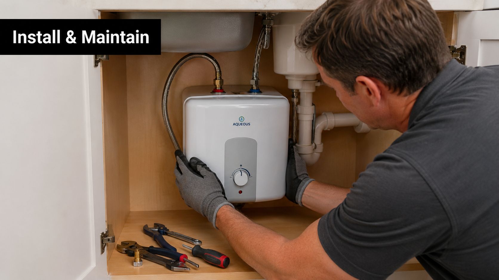 A professional technician wearing gloves installs an Aqueous electric water heater under a kitchen sink.