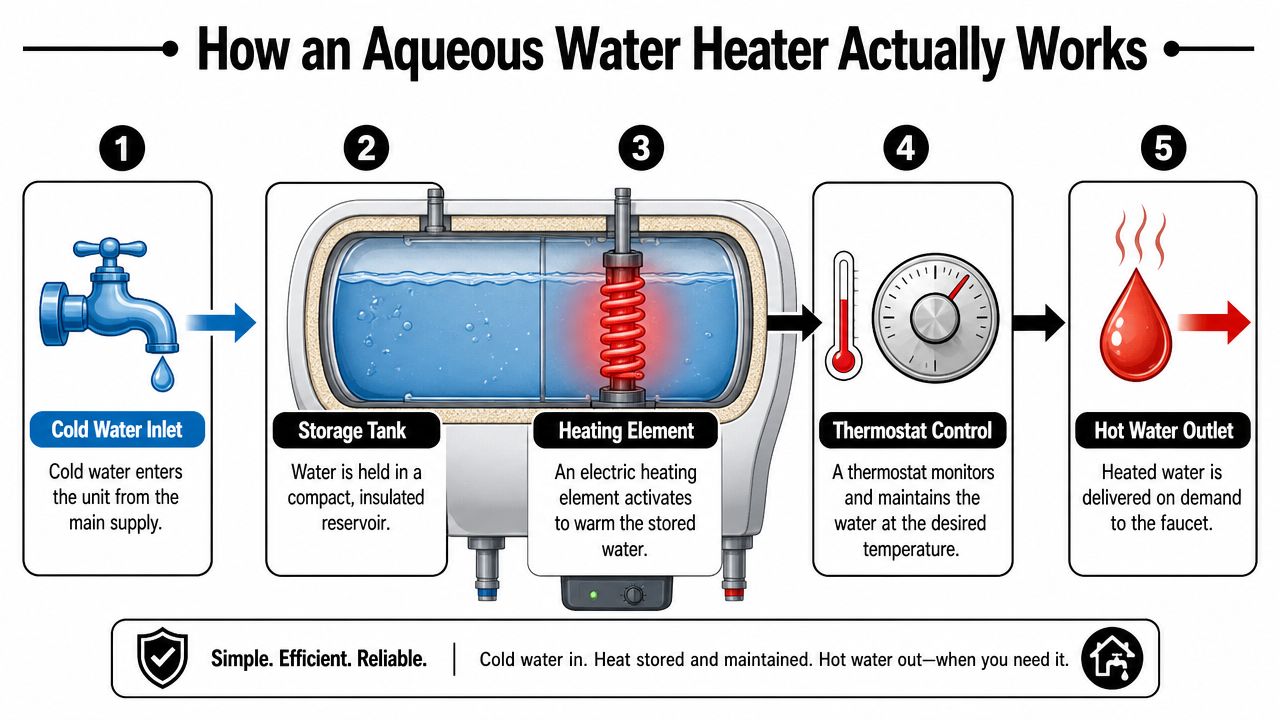 A diagram illustrating the five-step process of how an aqueous water heater works from inlet to outlet.
