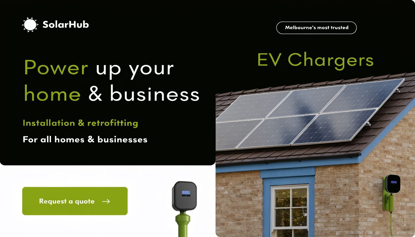 A promotional banner for SolarHub showing solar panels on a house roof and an EV charger installation.