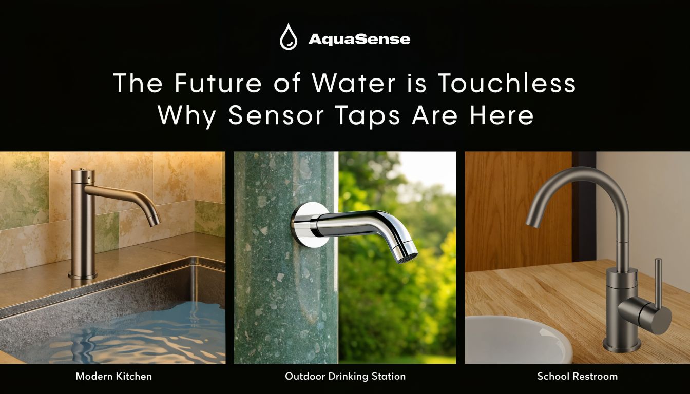 A digital display showcasing three different AquaSense automatic sensor tap models in kitchen, outdoor, and school settings.