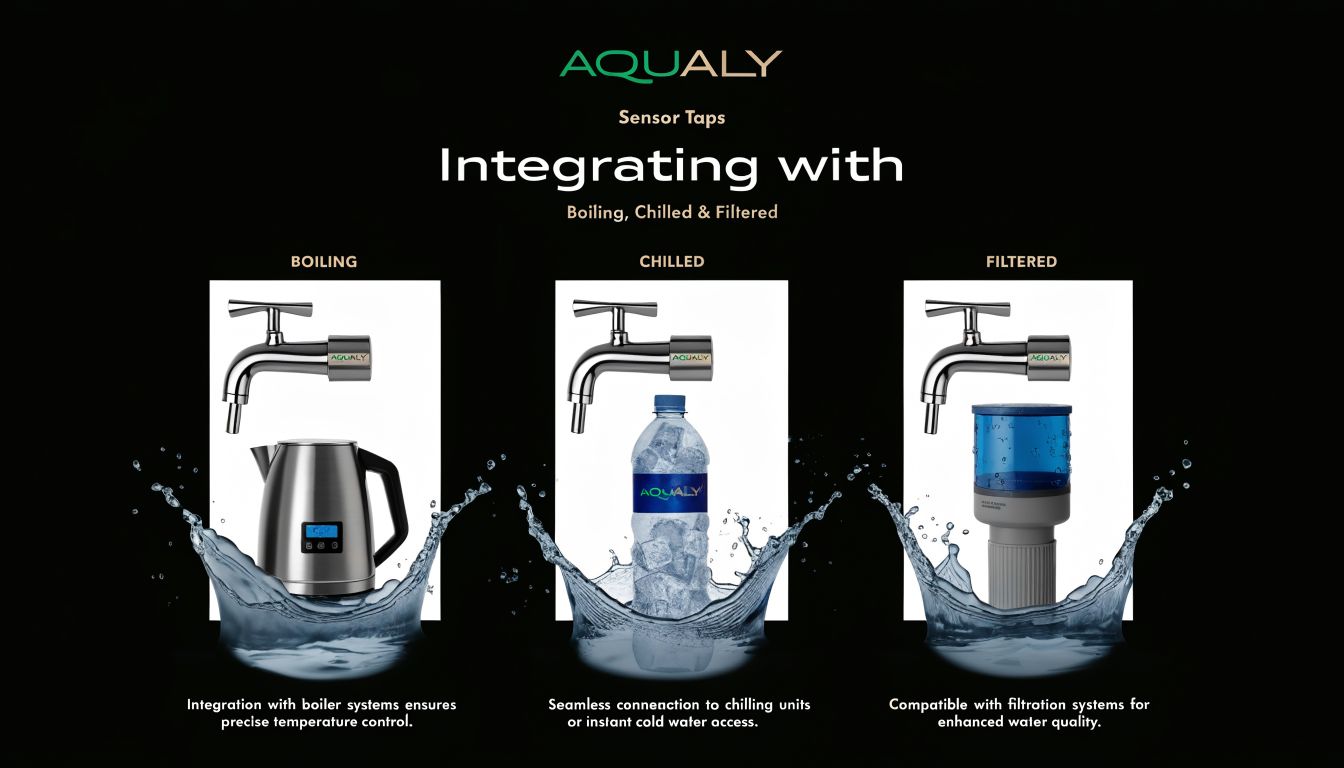 A promotional graphic displaying Aqualy sensor taps integrated with boiling, chilled, and filtered water systems.