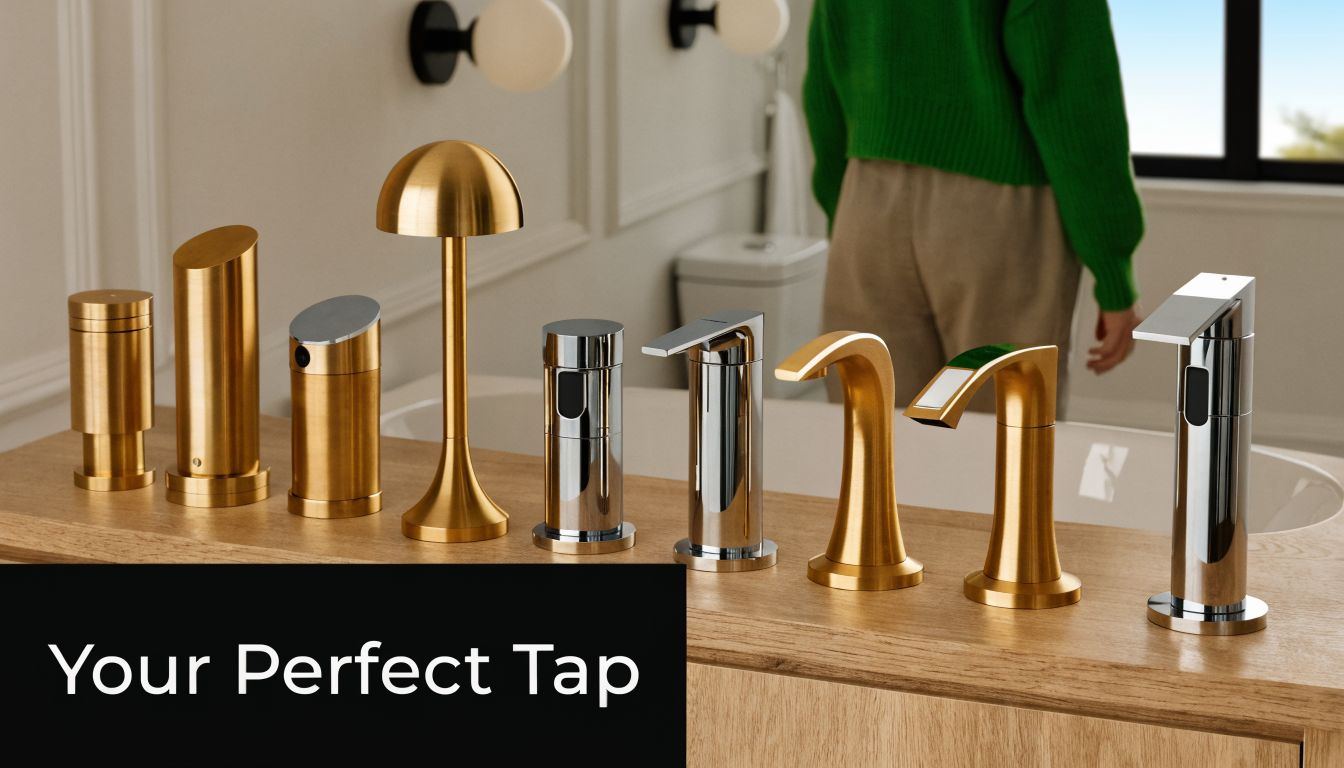 A collection of various modern bathroom faucets and taps arranged on a wooden surface in a showroom.