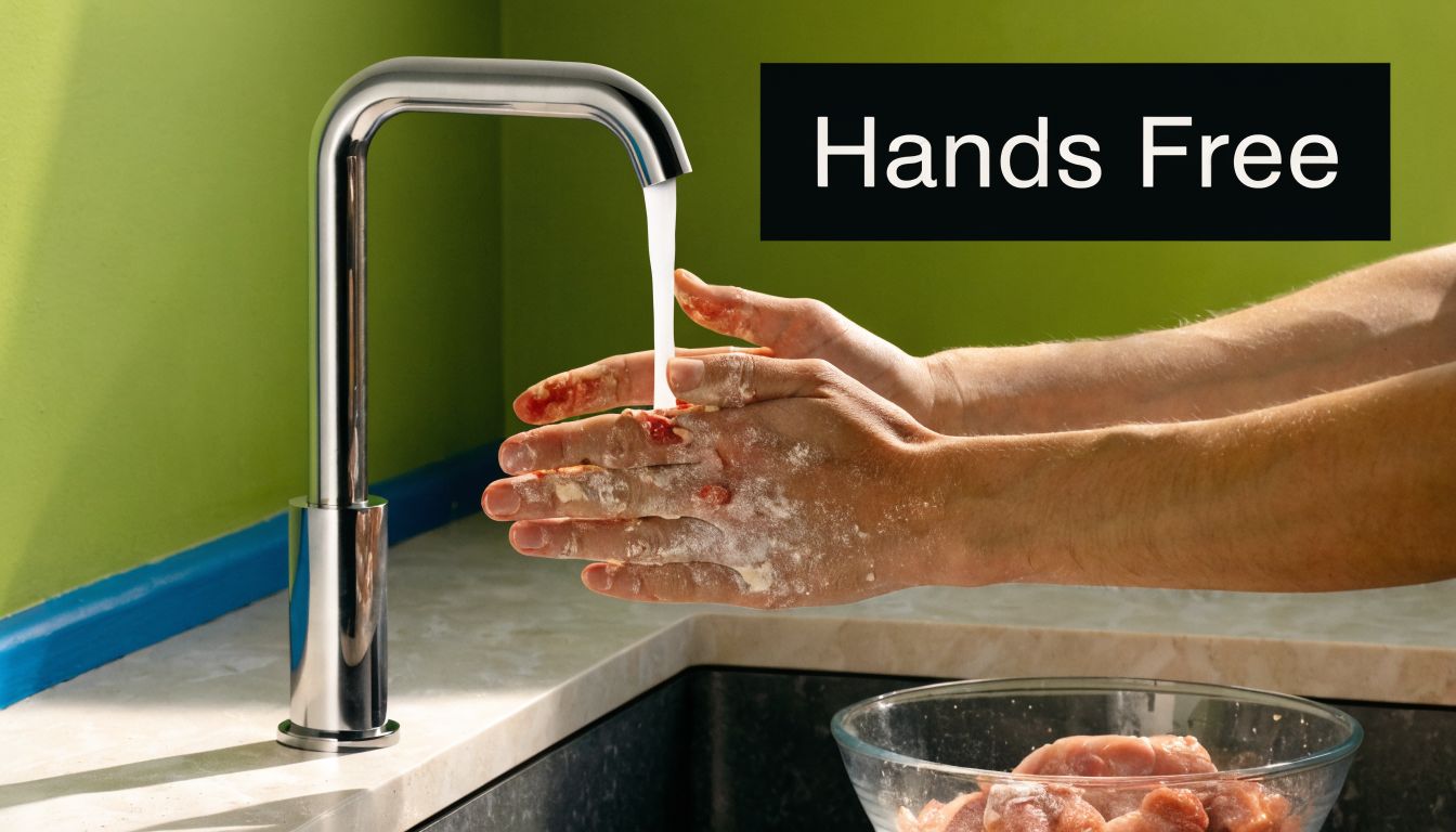 A person washing messy hands covered in flour under a sleek, modern automatic motion-sensor kitchen faucet.