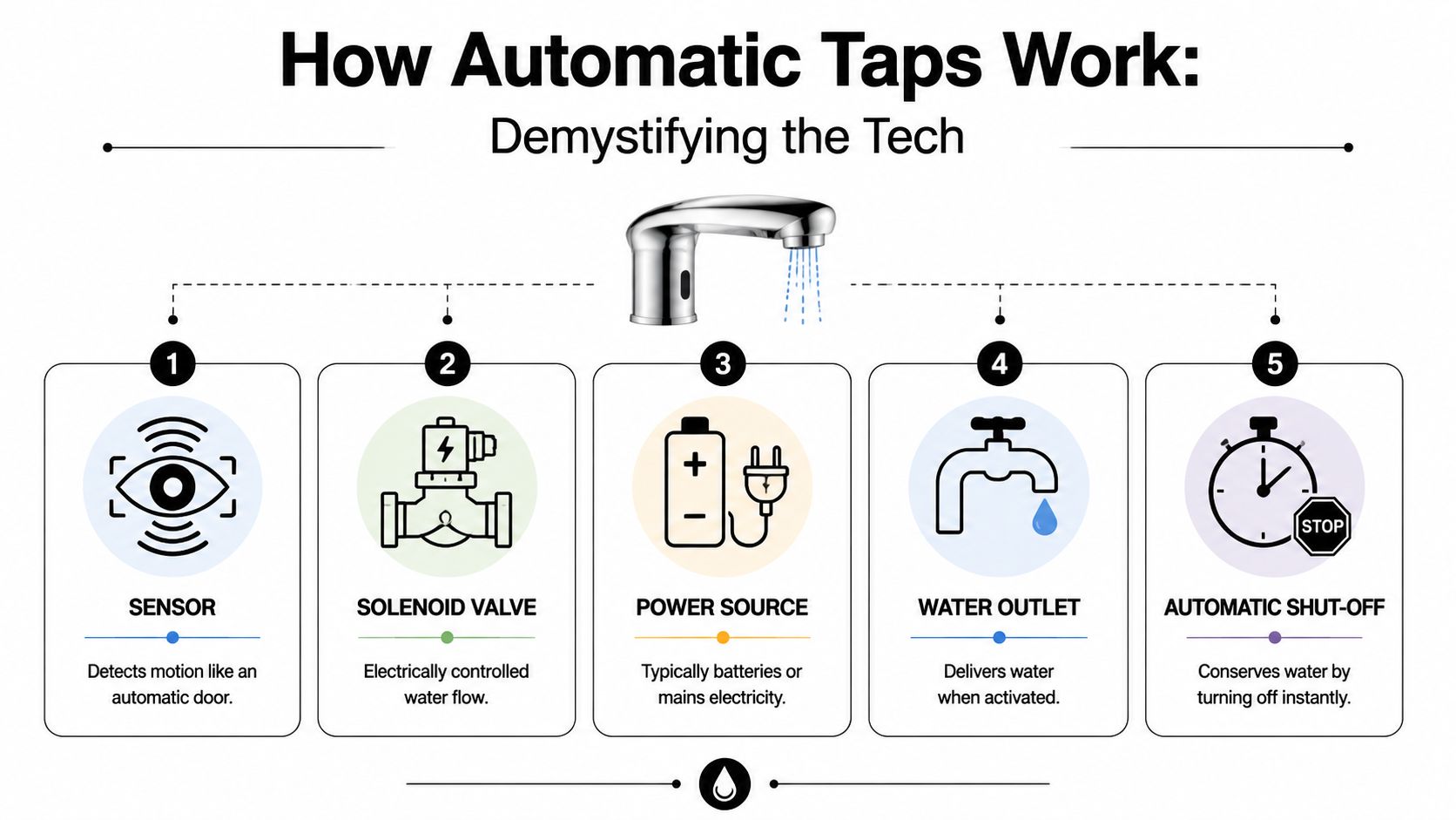 An infographic titled How Automatic Taps Work illustrating five key components of touchless faucet technology.