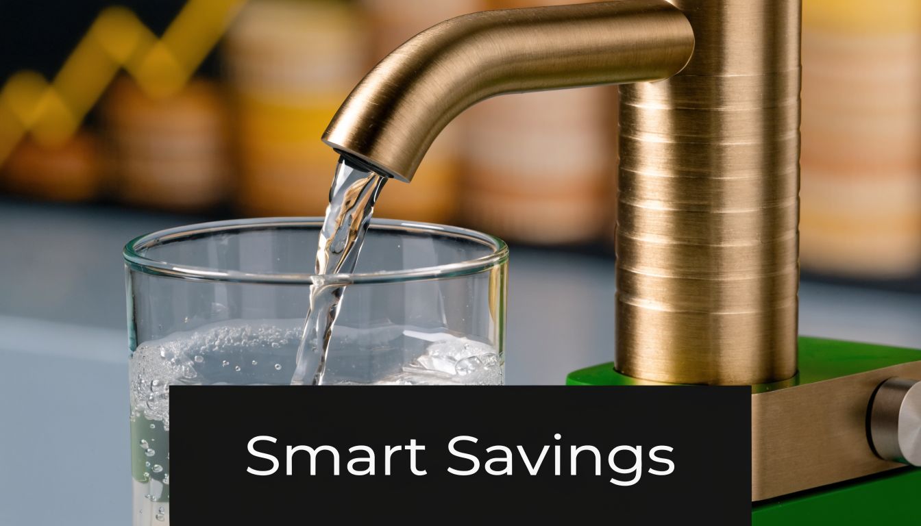 A sleek brass faucet pouring clean water into a glass with a text overlay saying Smart Savings.