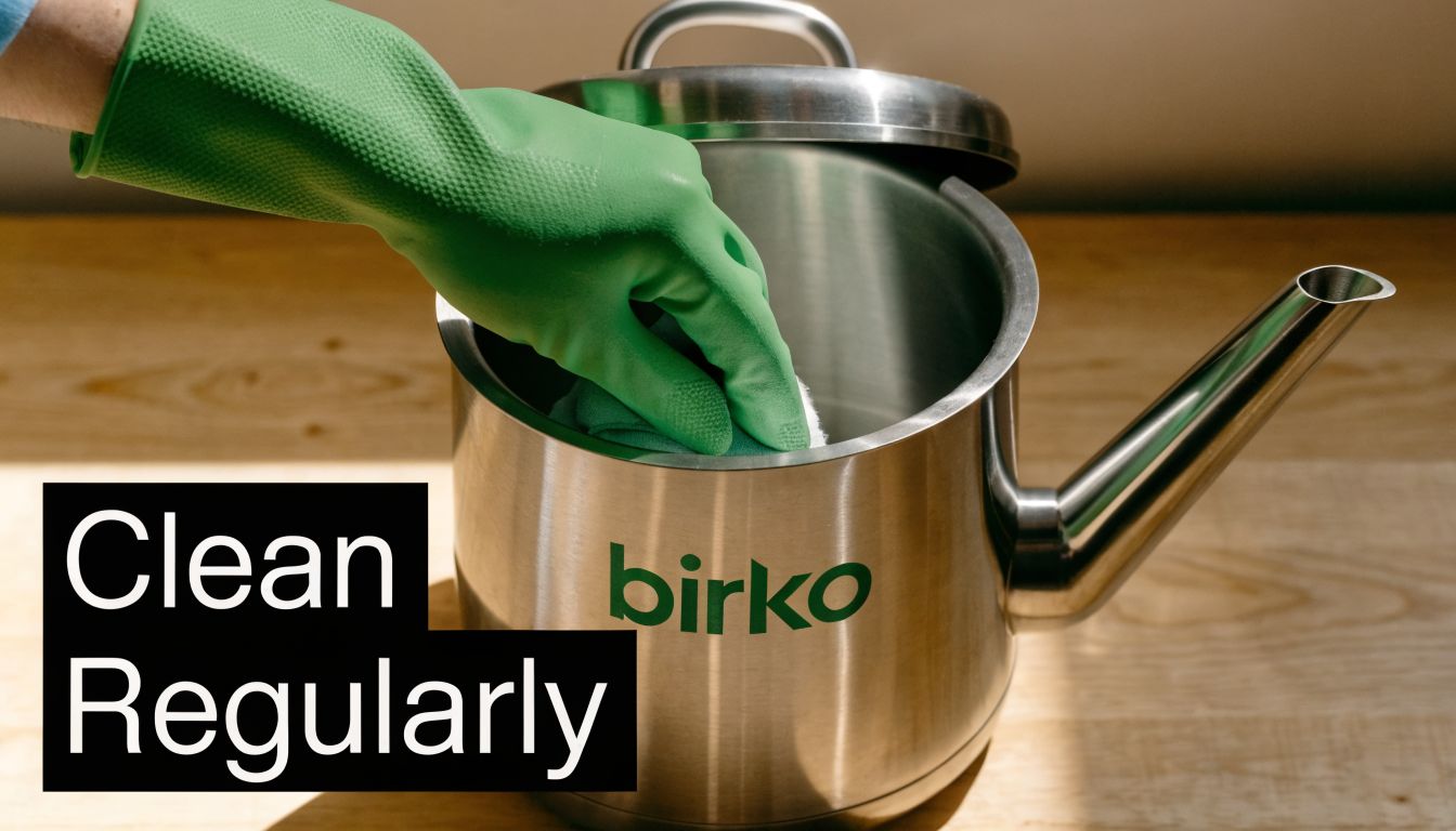 A hand wearing a green rubber glove cleaning a stainless steel Birko hot water urn.