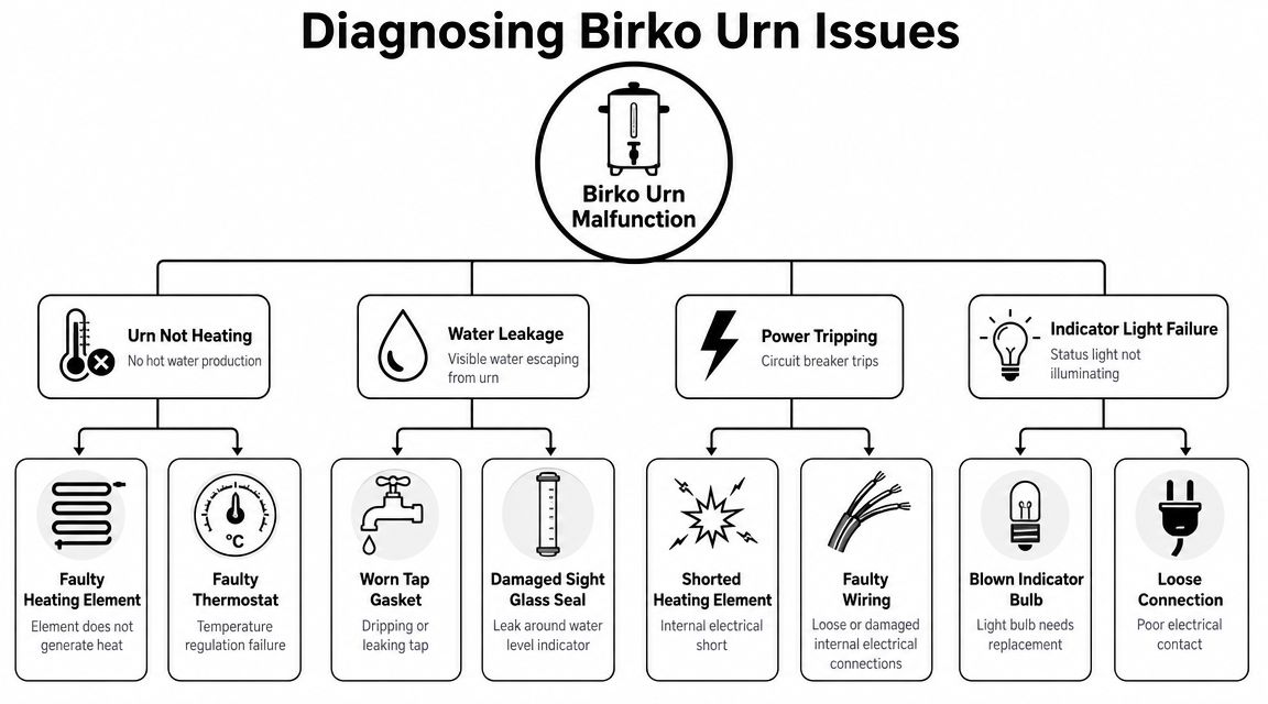 A diagnostic flowchart illustrating common faults, causes, and troubleshooting steps for a Birko hot water urn.