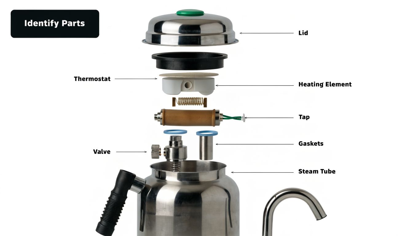 An exploded view of a Birko hot water urn showing the disassembly of its internal components.