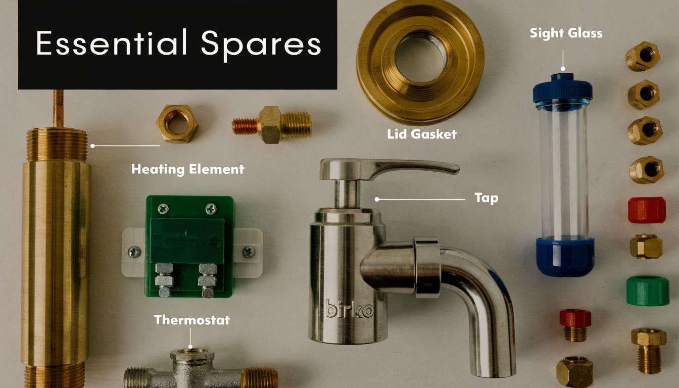 A collection of essential spare parts for a Birko hot water urn, laid out on a white surface.