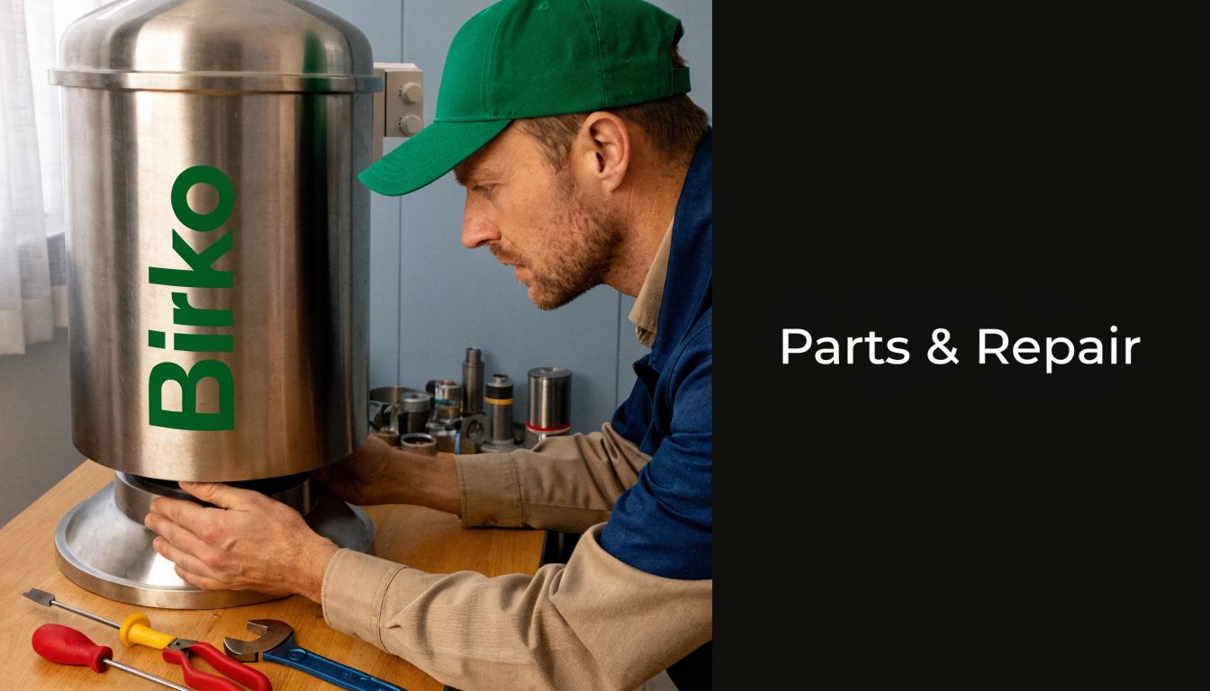 A technician wearing a green cap repairs a stainless steel Birko hot water urn at a workbench.
