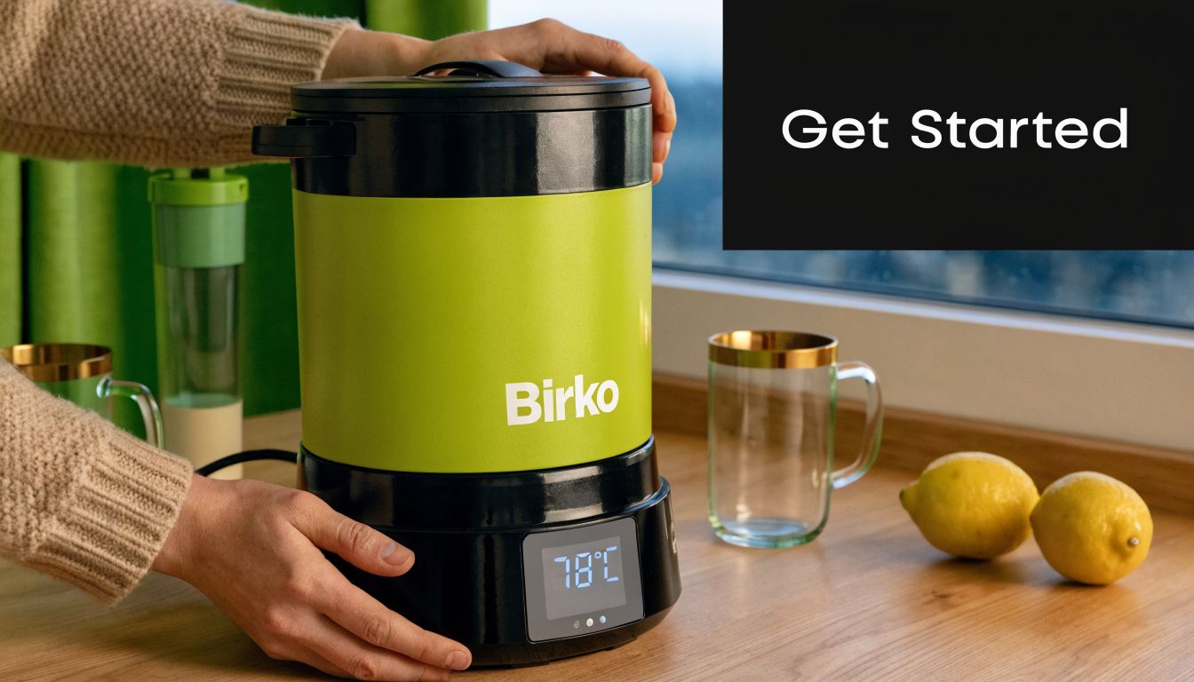 A person using a green and black Birko hot water urn with a digital temperature display.