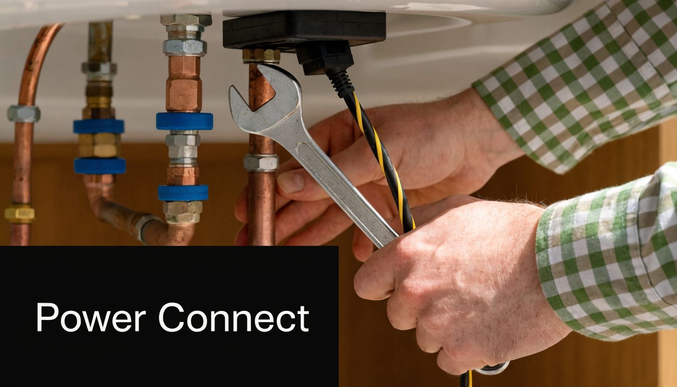 A technician working on plumbing connections underneath a caravan sink using a metal wrench.