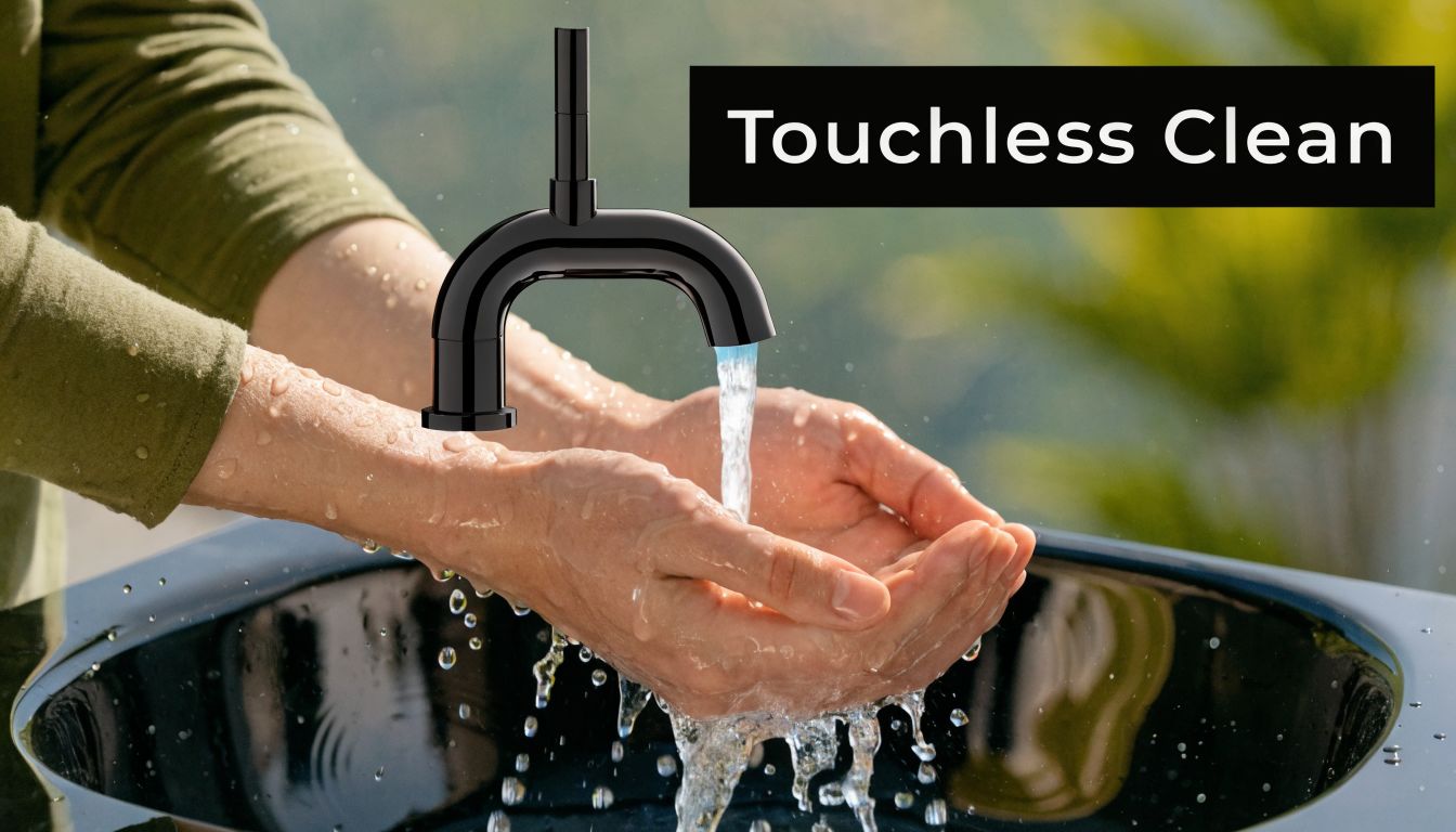 A close-up view of hands being washed under a modern, sleek black touchless faucet.