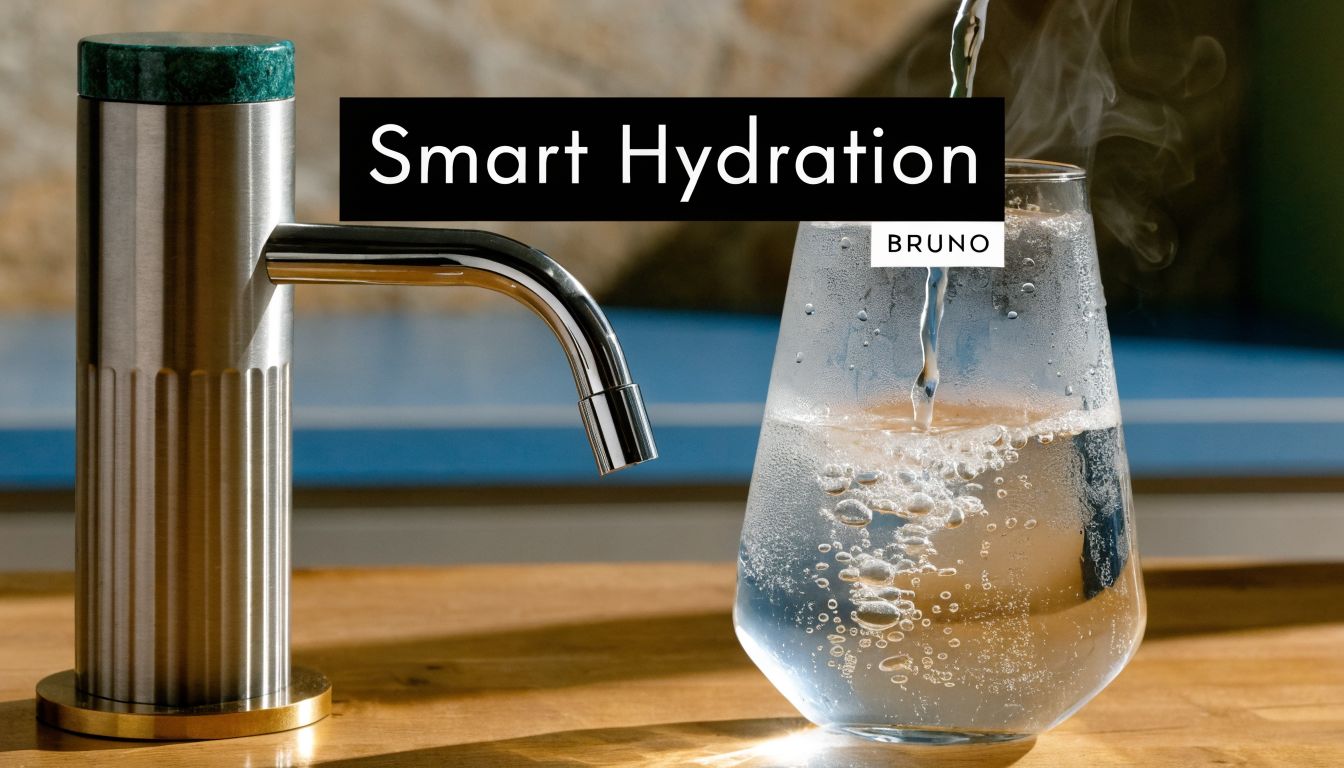 A modern metallic water dispenser filling a glass with steaming hot water on a wooden counter.