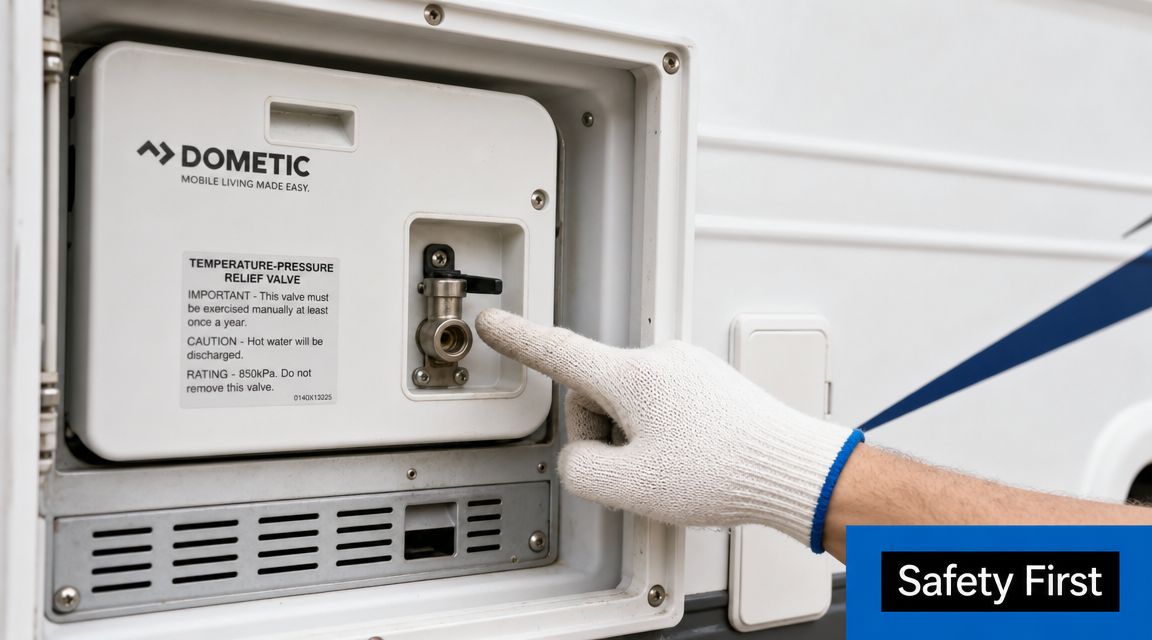A person wearing a glove checks the temperature-pressure relief valve on a Dometic caravan water heater system.