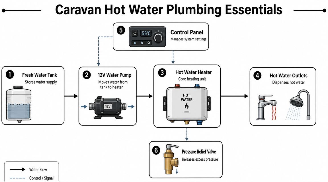 A diagram illustrating the essential plumbing components and workflow for a caravan hot water heater system.