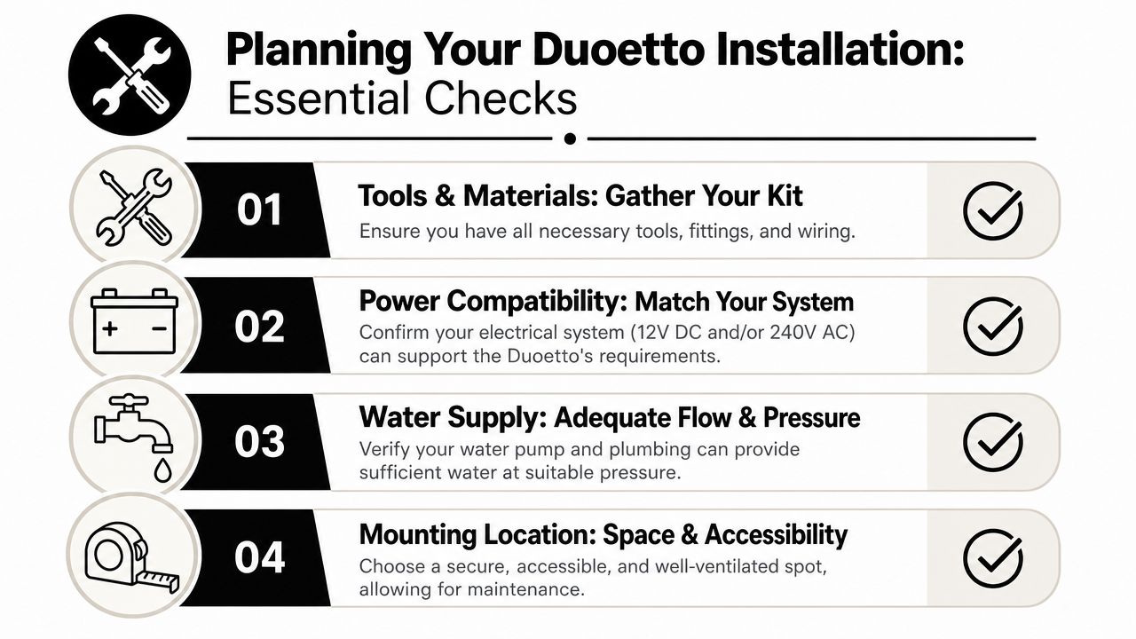 An infographic outlining four essential planning steps for installing a Duoetto water heater system.
