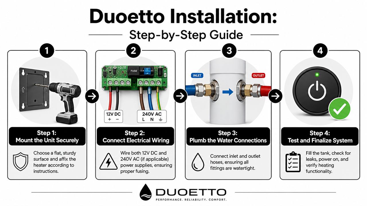 A four-step infographic showing how to install a Duoetto 12V water heater, including mounting, wiring, and plumbing.