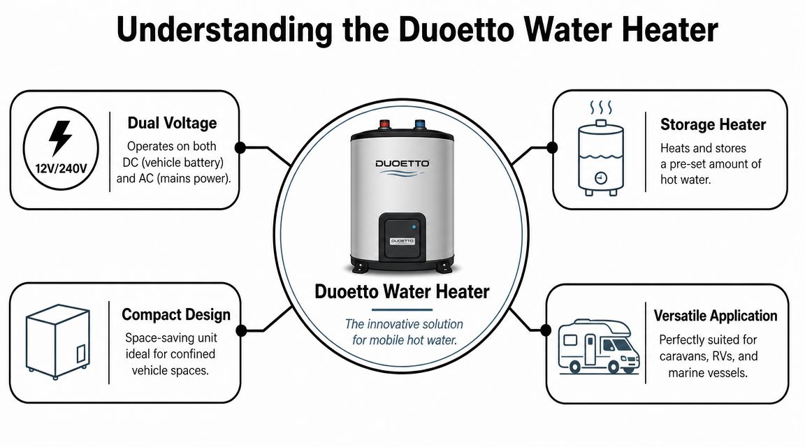 A diagram illustrating the features of the Duoetto water heater for mobile living and vehicles.