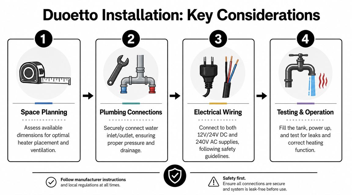 A four-step infographic illustrating the key installation considerations for a Duoetto water heater unit.