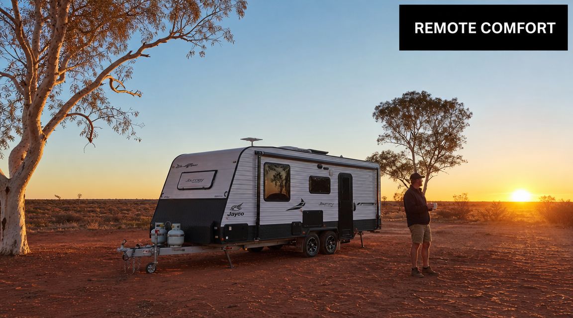 A man stands outdoors by a modern Jayco travel trailer at sunset in a desert landscape.
