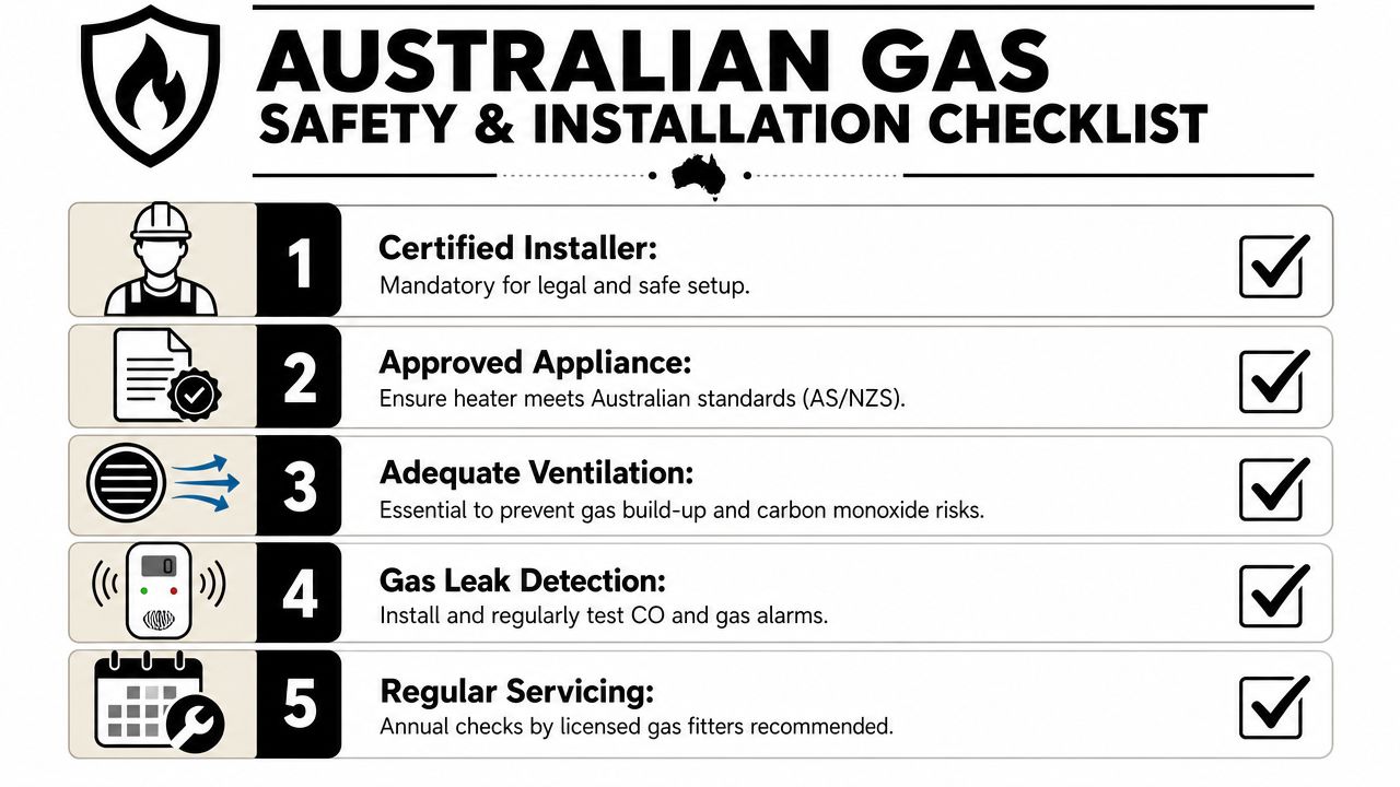 An Australian gas safety and installation checklist for heating appliances, featuring five essential safety steps.