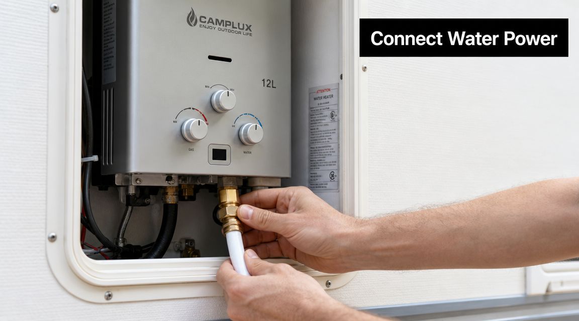 A person connects a white water hose to a Camplux gas hot water heater mounted on a caravan.