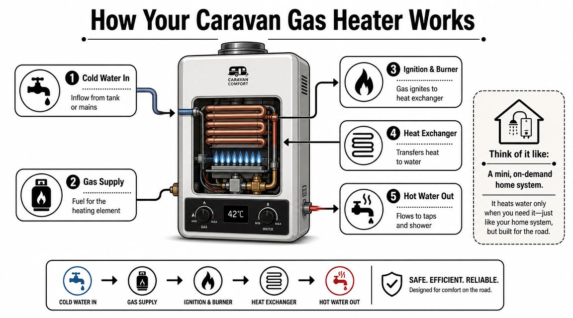 A diagram illustrating the step-by-step process of how a caravan gas water heater functions for mobile heating.