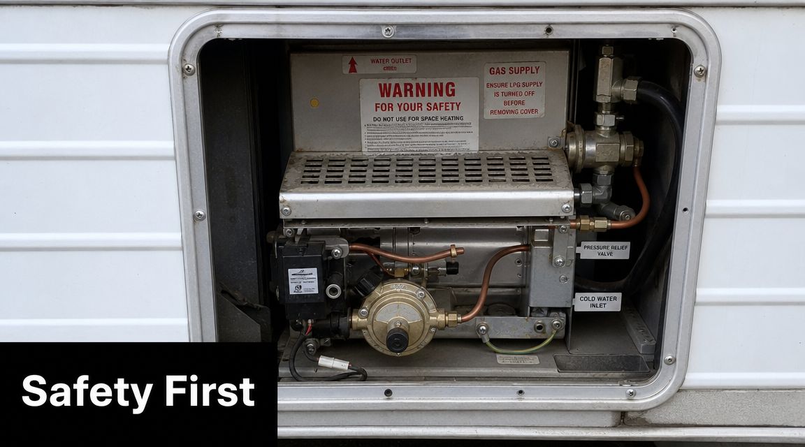 A propane gas water heater unit inside the exterior compartment of a white camper or caravan vehicle.