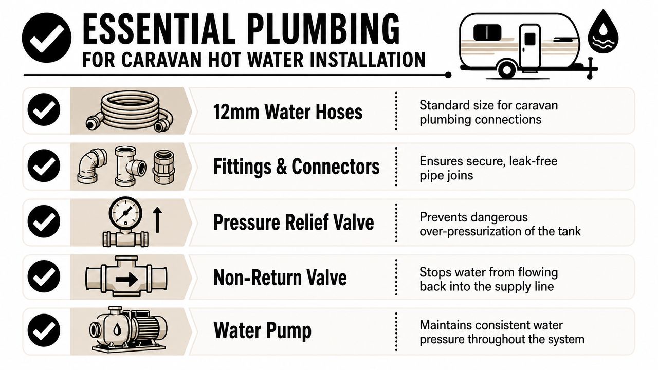 An infographic detailing five essential plumbing components for installing a caravan hot water system.