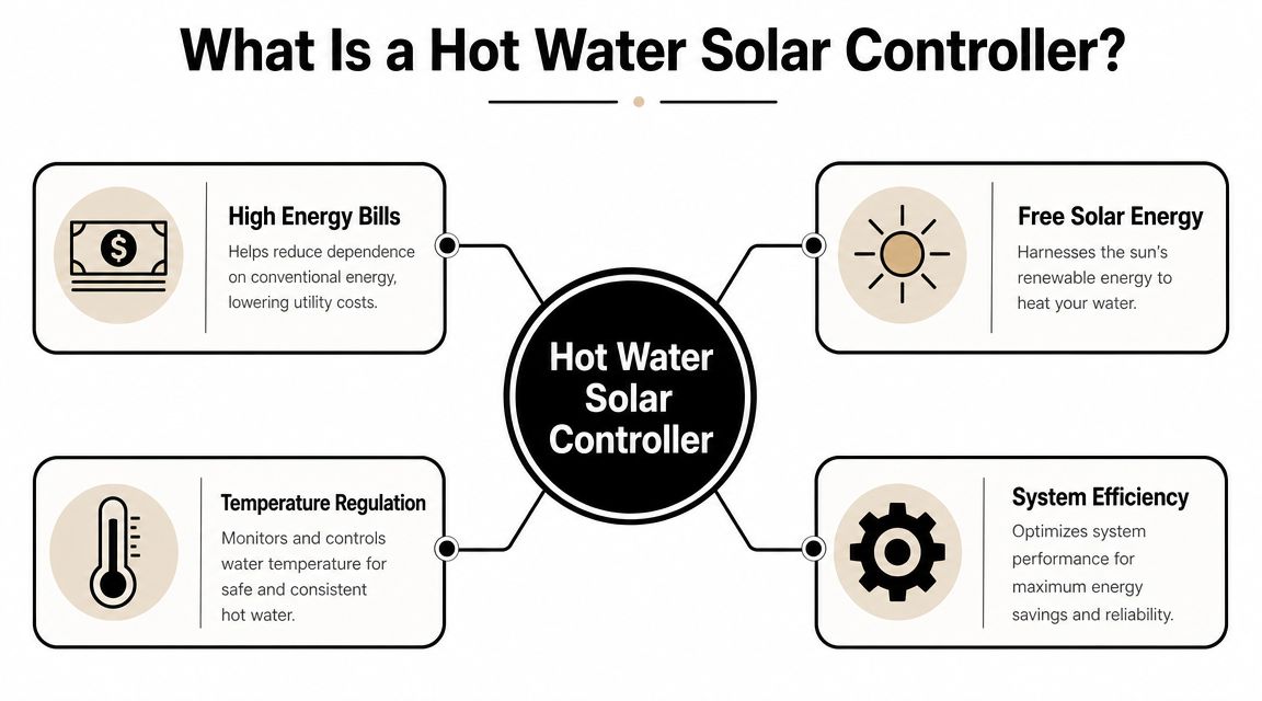A diagram explaining the benefits of a hot water solar controller including energy savings and temperature regulation.