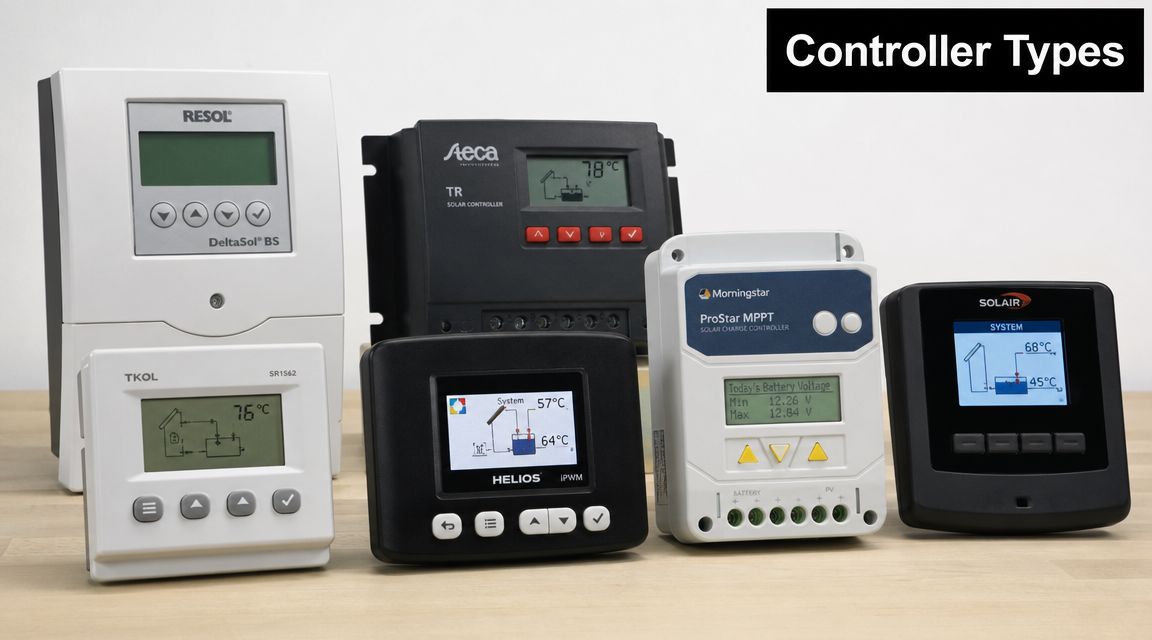 A group of various solar water heating system controllers displayed on a light wooden table.