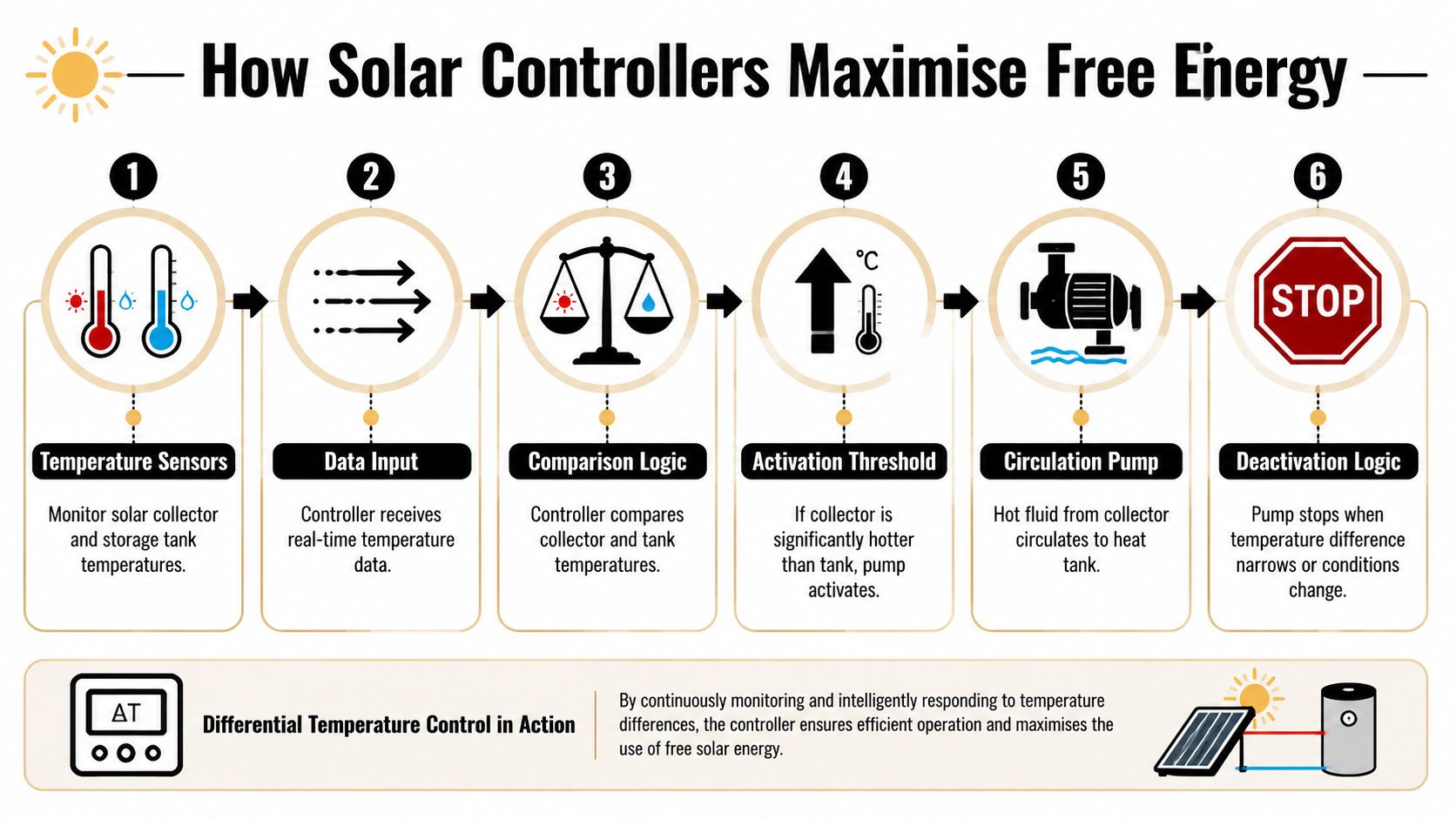 An infographic illustrating the step-by-step process of how solar controllers maximize free energy for water heating systems.