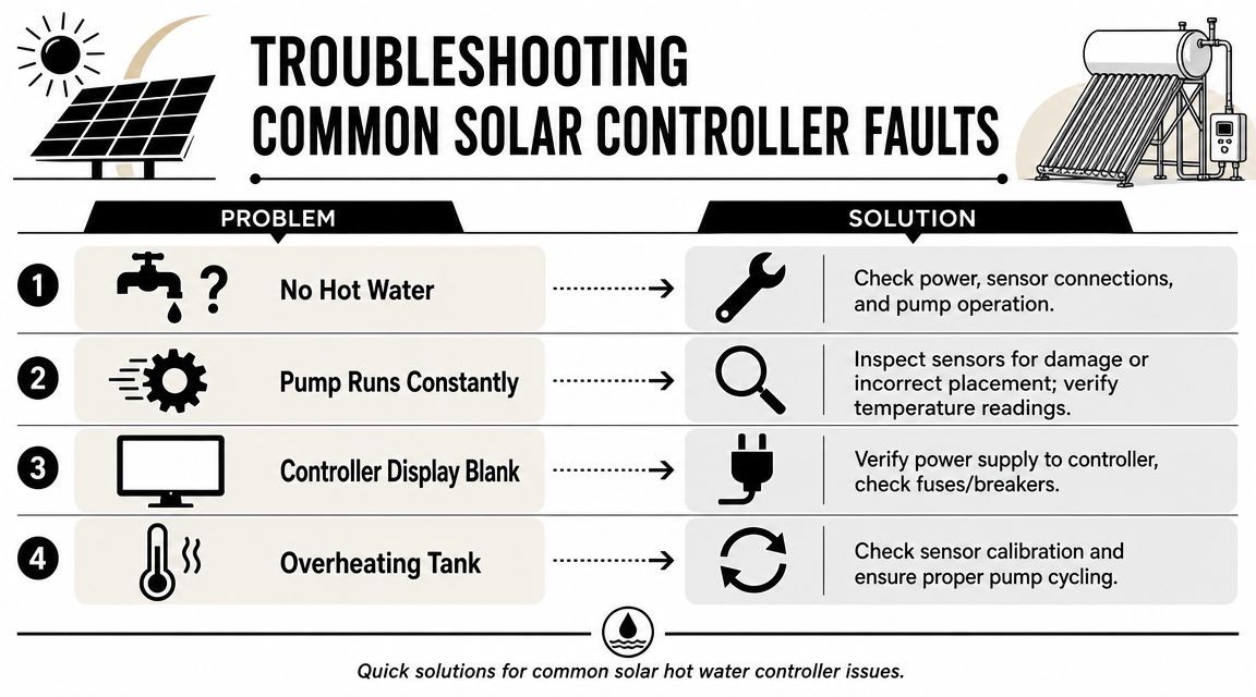 A troubleshooting guide for common solar hot water controller faults featuring a table with numbered solutions.