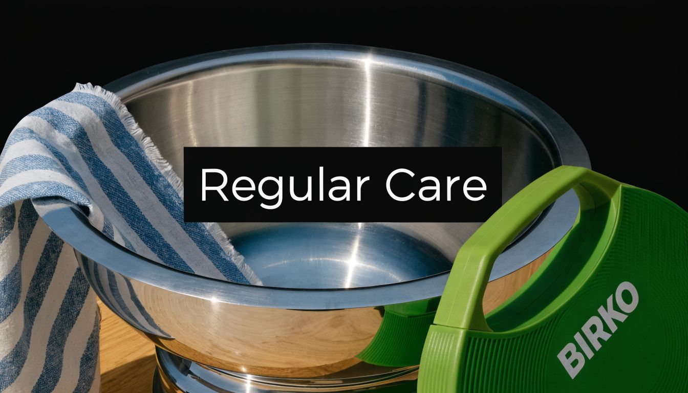 A stainless steel bowl and a green Birko appliance handle placed on a wooden surface with a towel.