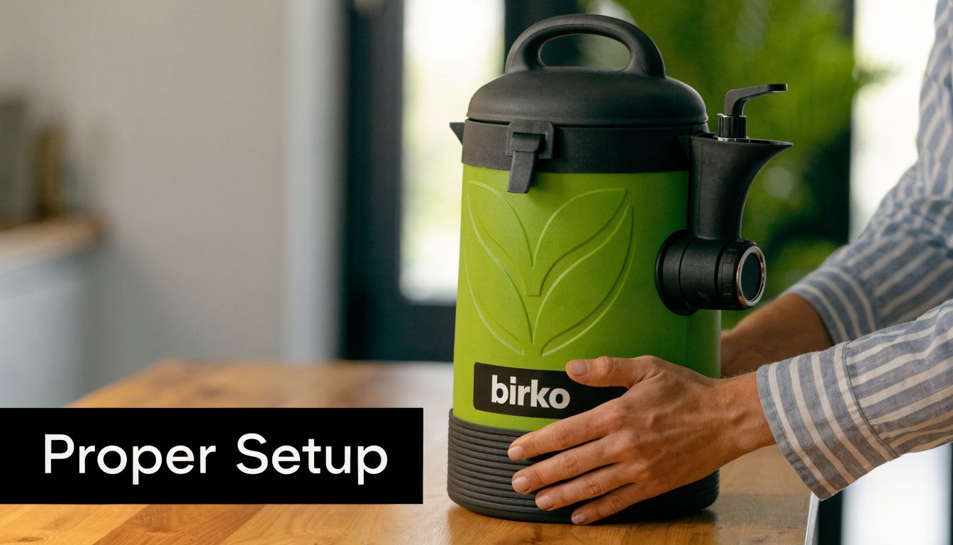 A person holding a green Birko hot water urn for proper setup and preparation