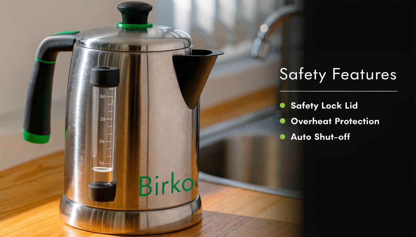 A stainless steel Birko hot water urn sitting on a wooden kitchen counter with safety features listed.