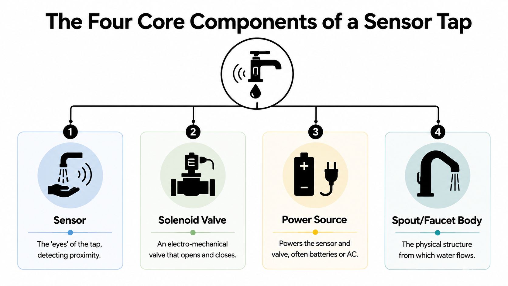 A diagram illustrating the four core components of a sensor tap: sensor, solenoid valve, power source, and spout.