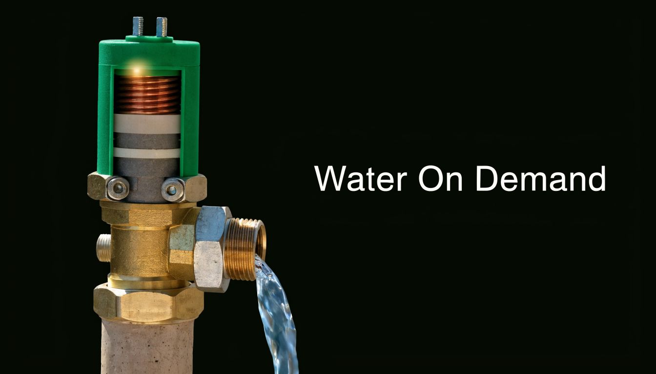 A close-up view of an automatic solenoid valve discharging a steady stream of water on black background.