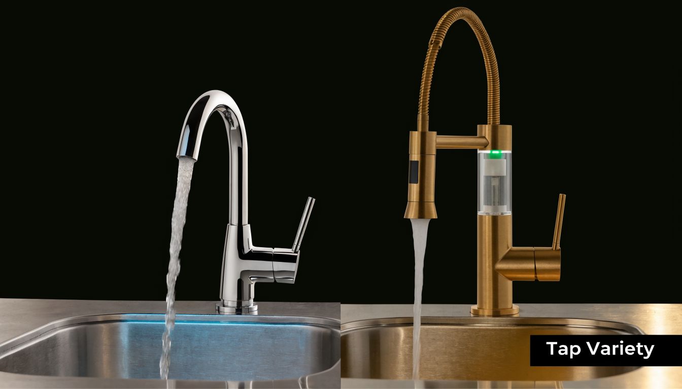 Two modern kitchen faucets, one polished chrome and one brass with a water filter, dispensing running water.