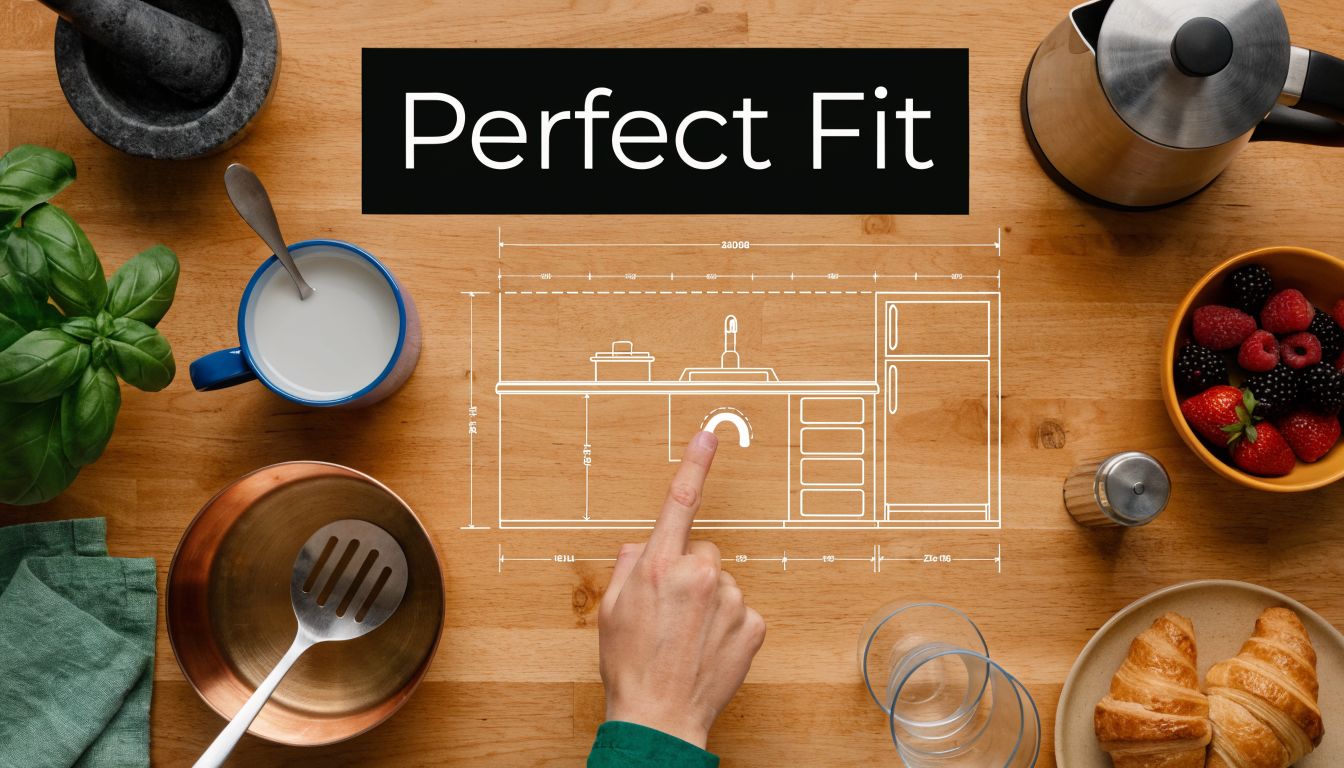 A hand points to a kitchen design schematic drawn on a wooden table with food items.